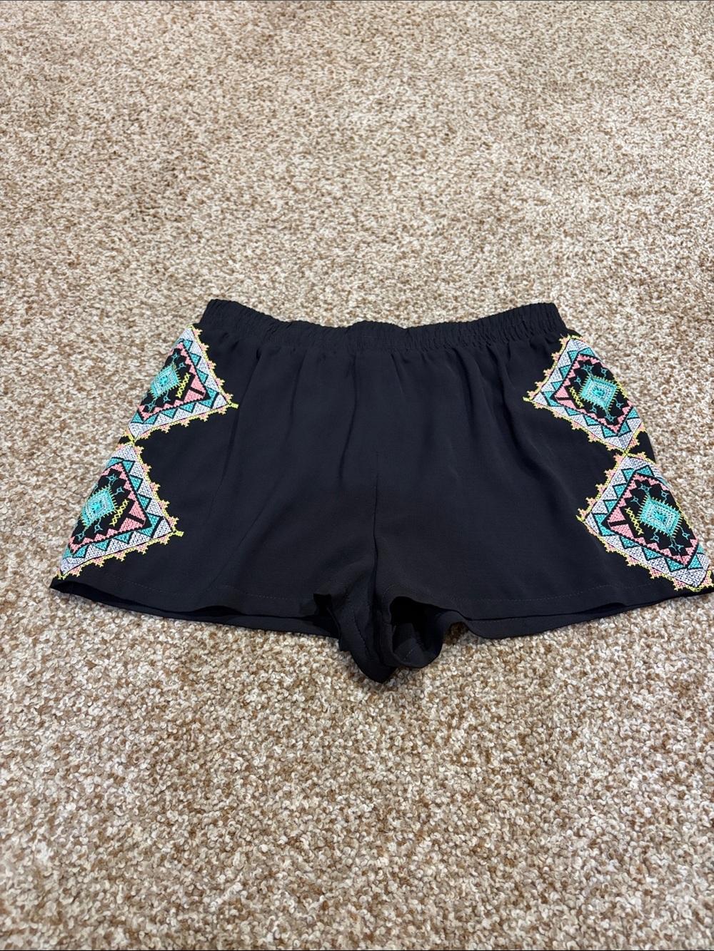 Impressions Black High-Waist Shorts with Turquoise & Pink Embroidery